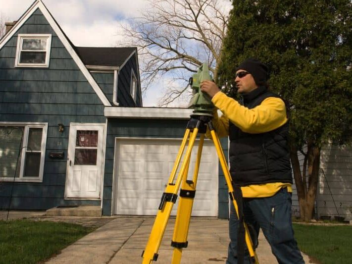 Land surveyor using total station equipment at residential property showing steps involved in land survey timeline