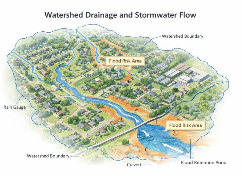 Illustration showing how a drone survey helps identify drainage problems, stormwater runoff paths, flood risk areas, and watershed flow patterns