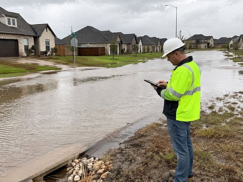 Surveyor inspecting residential street flooding and drainage runoff issues before site work using aerial survey data