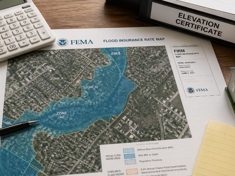 FEMA flood insurance rate map beside elevation certificate documents and property planning materials