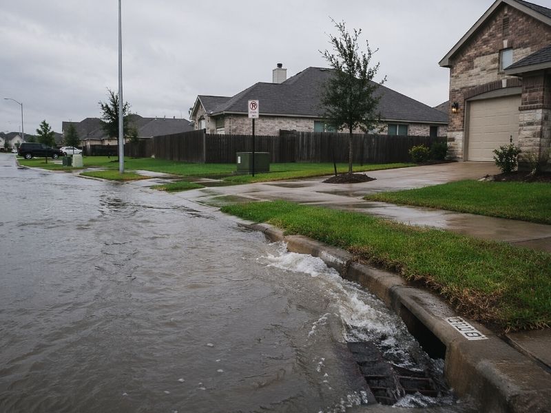 Flooded residential street with stormwater drainage overflow near homes requiring an elevation certificate