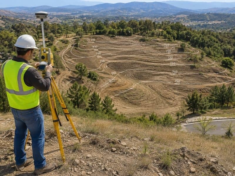 Land surveyor mapping elevation changes on a property before construction planning