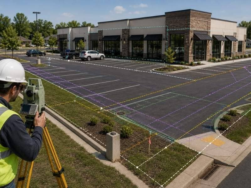 ALTA survey of a commercial property showing building footprint, parking areas, property boundaries, and site features compared with a boundary survey.
