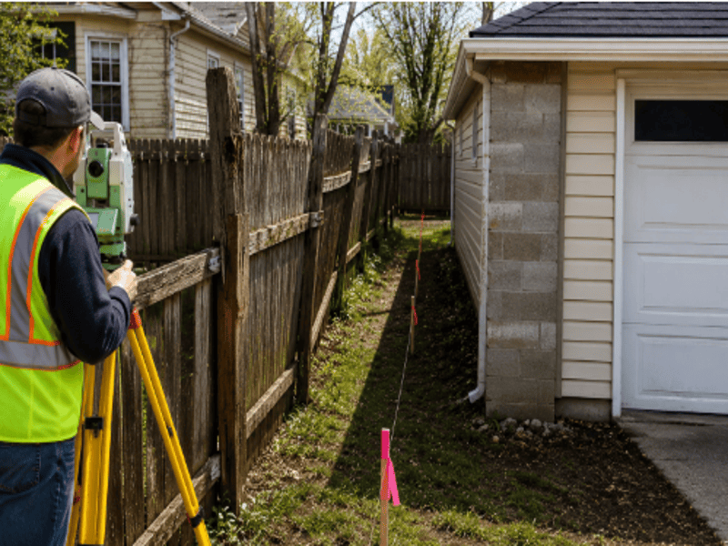 Boundary survey showing an old fence and detached garage near a property line where encroachment clues may be discovered.