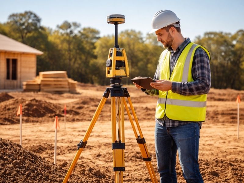 Construction surveyor using GPS equipment and a tablet to stake a building site and verify layout before excavation begins