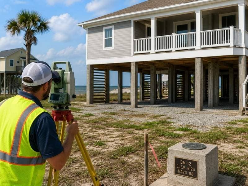 Elevation survey being performed on a coastal home before raising, rebuilding, or expanding the structure
