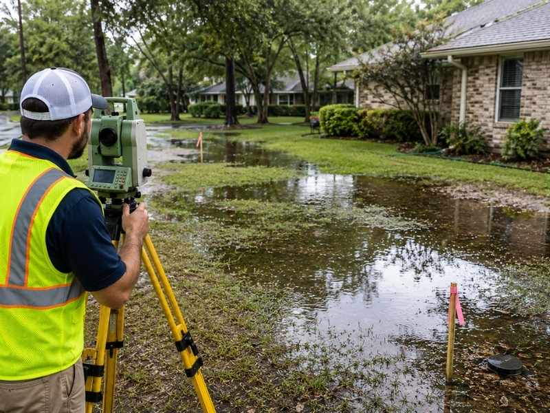 Flood survey being performed after a heavy rain event to evaluate standing water and drainage conditions around a residential property
