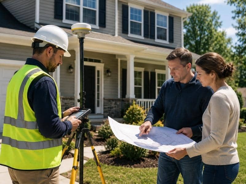 Flood survey being performed at a residential property before insurance, permit applications, and home renovation planning.