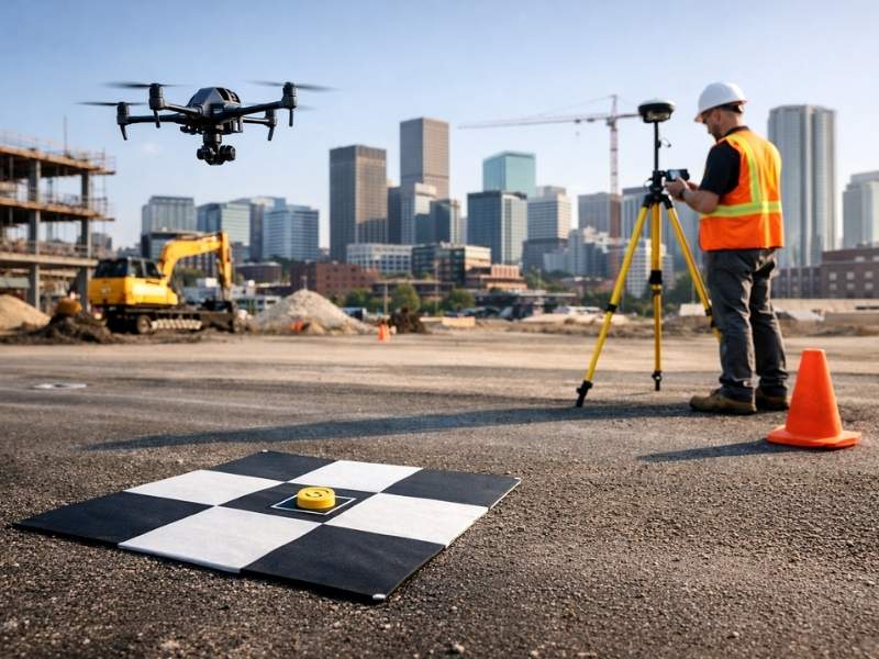 Drone-based LiDAR mapping in progress at a construction site with a surveyor using GPS equipment to collect terrain data for land development