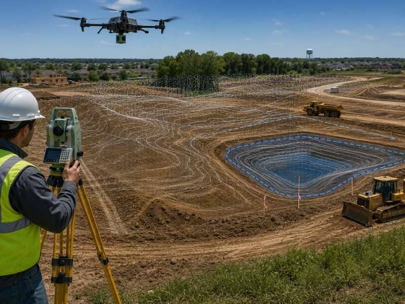 LiDAR mapping used to analyze site elevations and plan a stormwater pond before construction on a residential development project.
