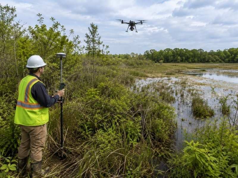 LiDAR mapping survey near wetland edges and low ground with dense vegetation and standing water on an overgrown parcel.