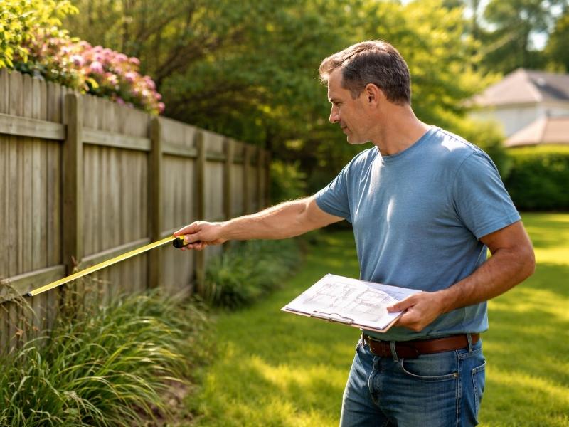 Property owner measuring along a fence line to verify property boundaries before construction