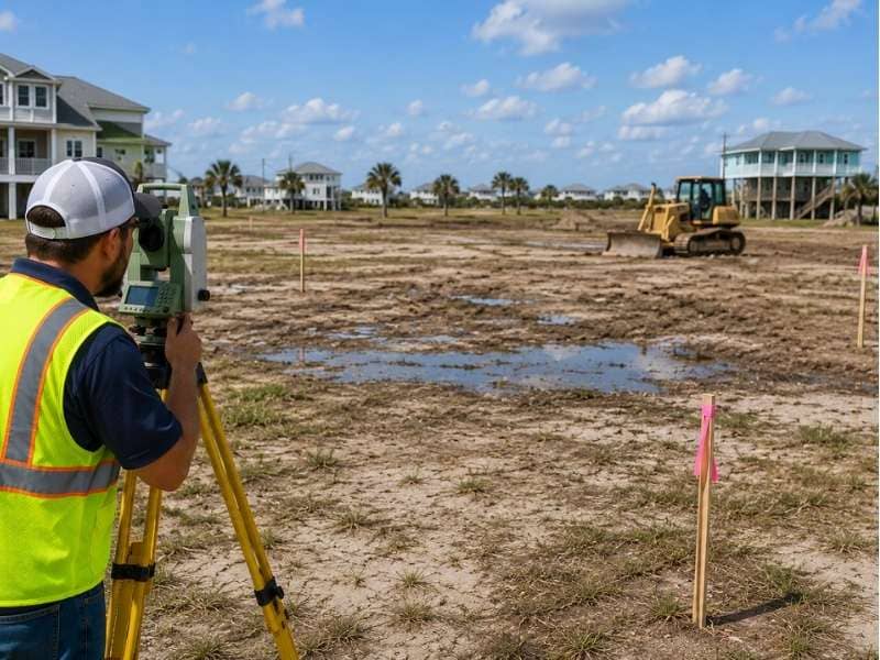 Topo survey being performed on a flat-looking lot to identify low spots and drainage issues before grading begins
