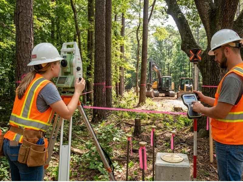 Land surveyors marking setbacks and property lines for a boundary survey before tree clearing on a new homesite to prevent timber trespass.