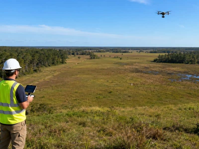 Drone land surveying a large property in Pensacola, Florida, with a surveyor operating a drone over open land. 
