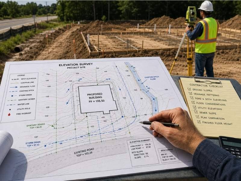 Elevation Survey showing ground elevations and contour data used by contractors to determine the correct finished floor height before foundation construction.