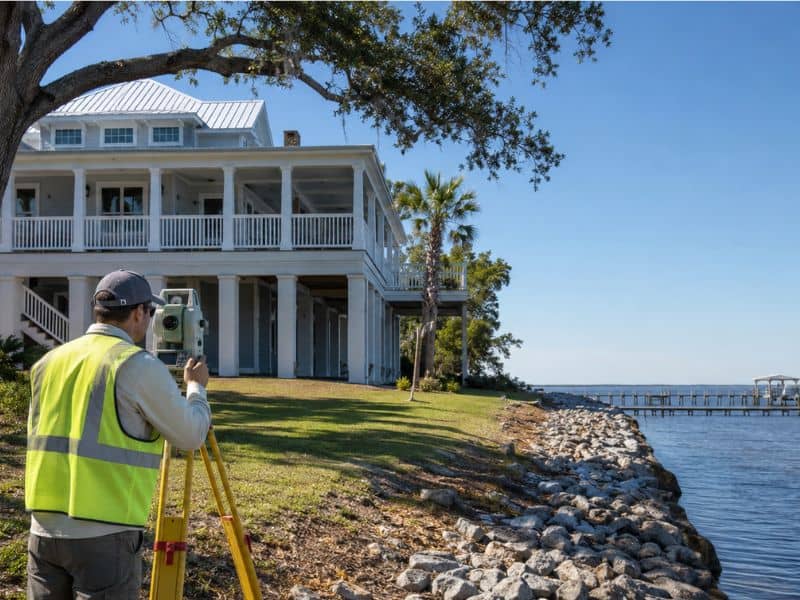 Land surveyor performing an elevation survey at a waterfront home in Pensacola, Florida.
