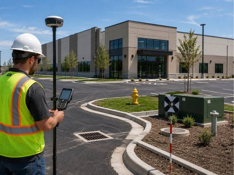 As built surveys documenting the final building, pavement, drainage features, and visible utilities after construction is finished.
