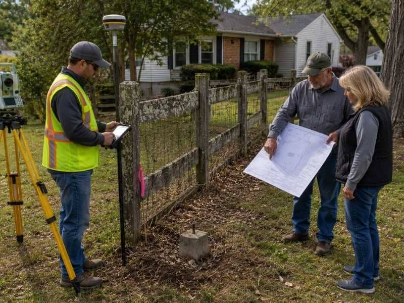 Boundary survey in progress verifying an original property monument near an old fence while homeowners review the survey before resolving a boundary dispute.