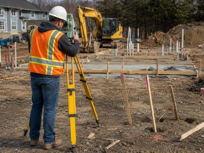 Construction staking survey replacing moved or destroyed stakes on an active building site.
