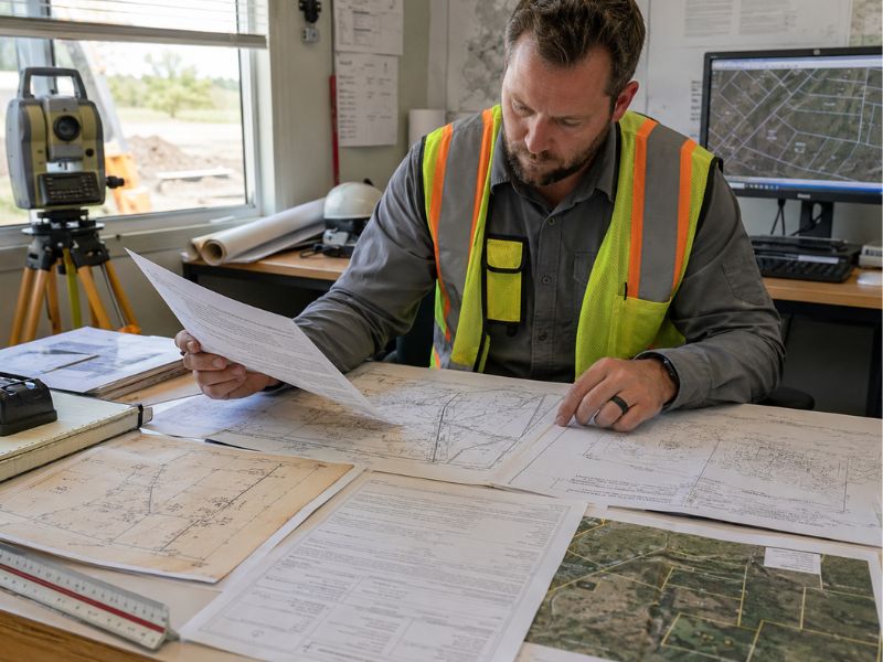 Licensed land surveyor reviewing deeds plats boundary records and county maps before starting a survey
