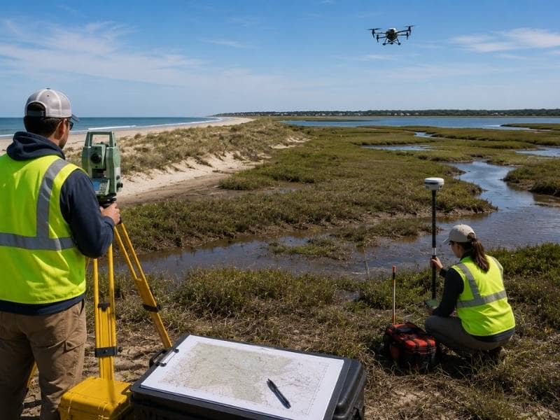 LiDAR mapping and topographic survey crew collecting aerial and ground data across a large coastal development site with dunes, marshes, and tidal channels.
