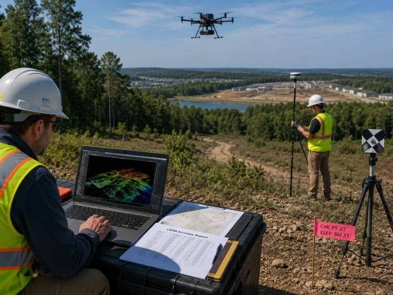 LiDAR data with field verification using GNSS checkpoints to validate topographic survey data before engineering design and grading.
