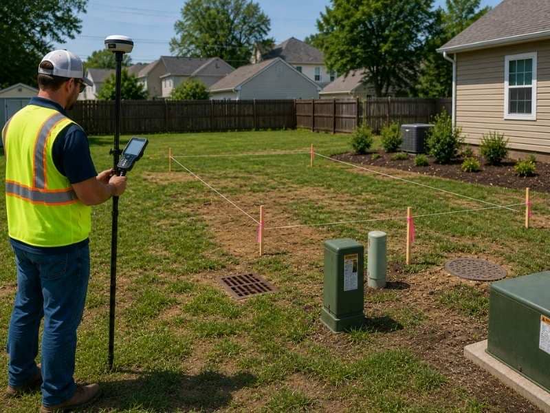 Property line survey marking a proposed home improvement area near utility equipment to identify property easements before construction.
