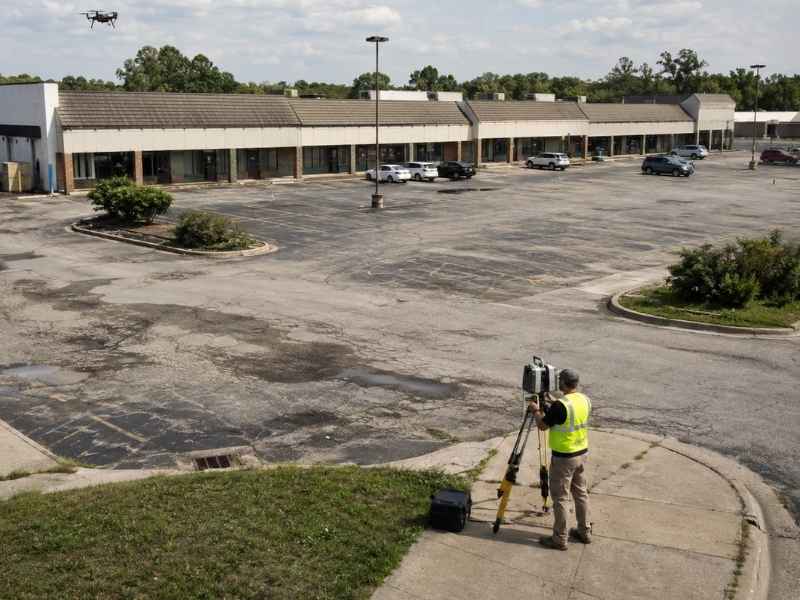 LiDAR mapping for an aging shopping center redevelopment in Pensacola Florida, showing survey equipment, worn parking areas, and existing site features.