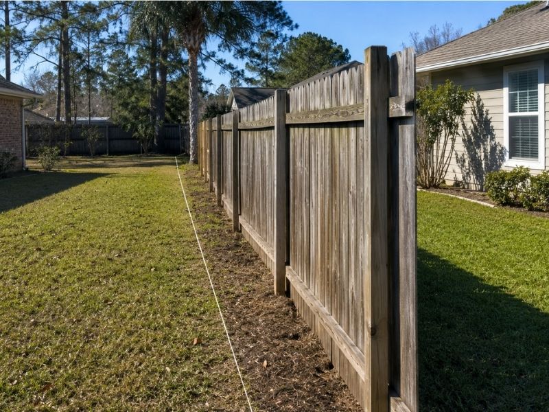 A neighbor's fence crosses the property line on a residential lot in Pensacola, FL, illustrating the need for a boundary survey to verify property boundaries.