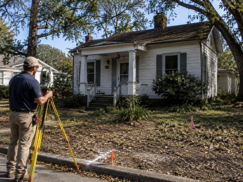 Licensed land surveyor performing a boundary survey on an older residential property before renovation in Pensacola, FL.