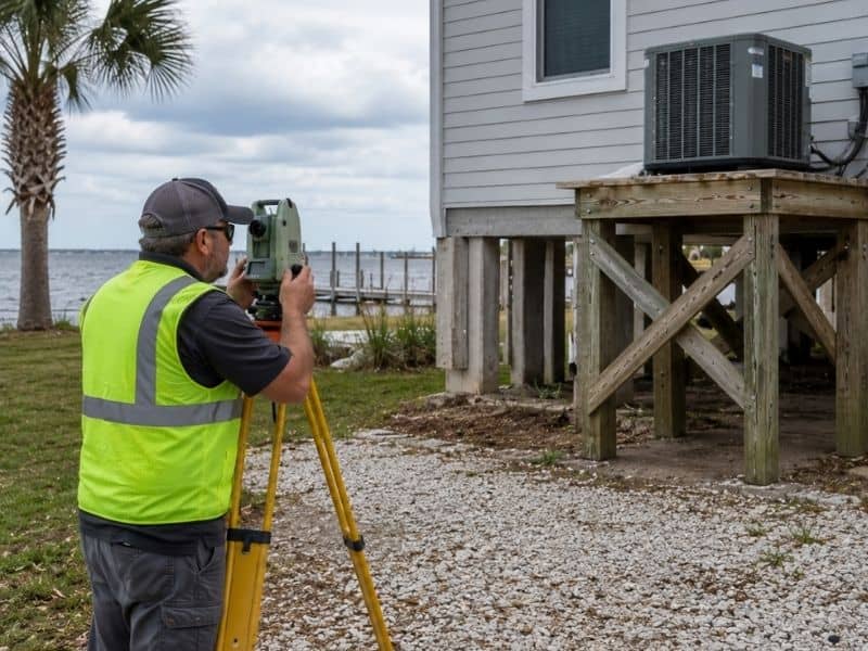 Surveyor measuring a raised outdoor HVAC unit for an elevation certificate update at a coastal home in Pensacola, Florida.