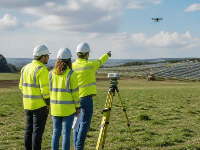 LiDAR mapping for solar project terrain planning in Pensacola FL showing survey professionals analyzing land conditions before solar development