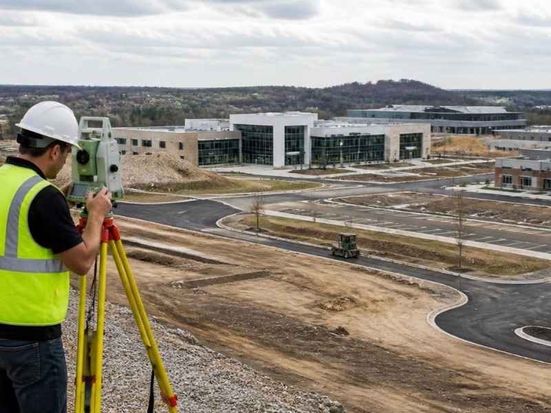 Construction surveyor using a total station at a multi-building commercial development site in Pensacola, Florida.